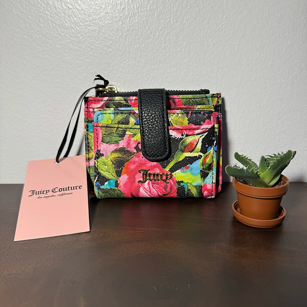 NWT JUICY COUTURE BLACK MULTI ROSE OFF THE CHAIN TAB CARD CARRIER WALLET